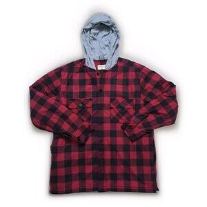 Plaid Flannel Men's Medium Jacket Hooded Quilted Lining Button Front Red Shacket